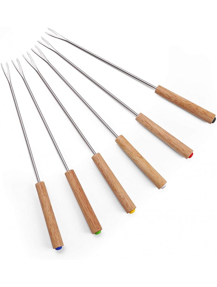 Set of 6 Stainless Steel Fondue Forks Wood Handle Heat Resistant 9.5 Inches for Chocolate Fountain Cheese Fondue by Sago Brothers - BVYUIIPDC