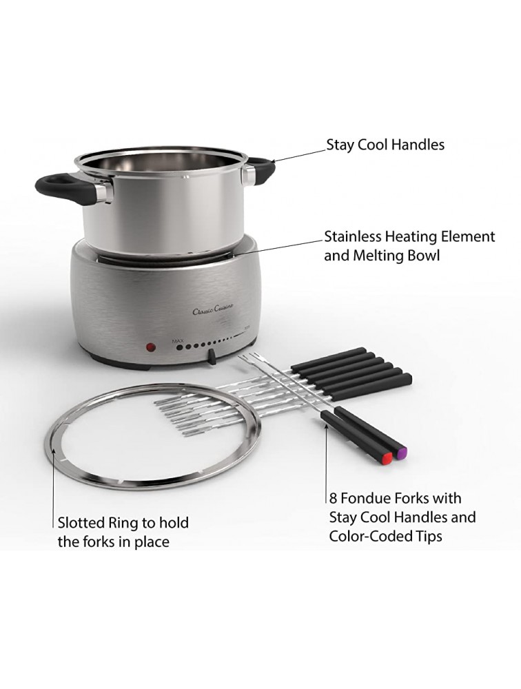 Stainless Steel Fondue Pot Set- Melting Pot Cooker and Warmer for Cheese Chocolate and More- Kit Includes 8 Forks By Classic Cuisine -Dishwasher Safe - BG339V791