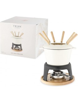 Twine Farmhouse Kitchen Enamel Cast Iron Fondue Set Cheese Melting Pot Metal Stand with Stainless Steel Forks and Chrome Gel Burner 8.5" Off-Cream - BD974MPED