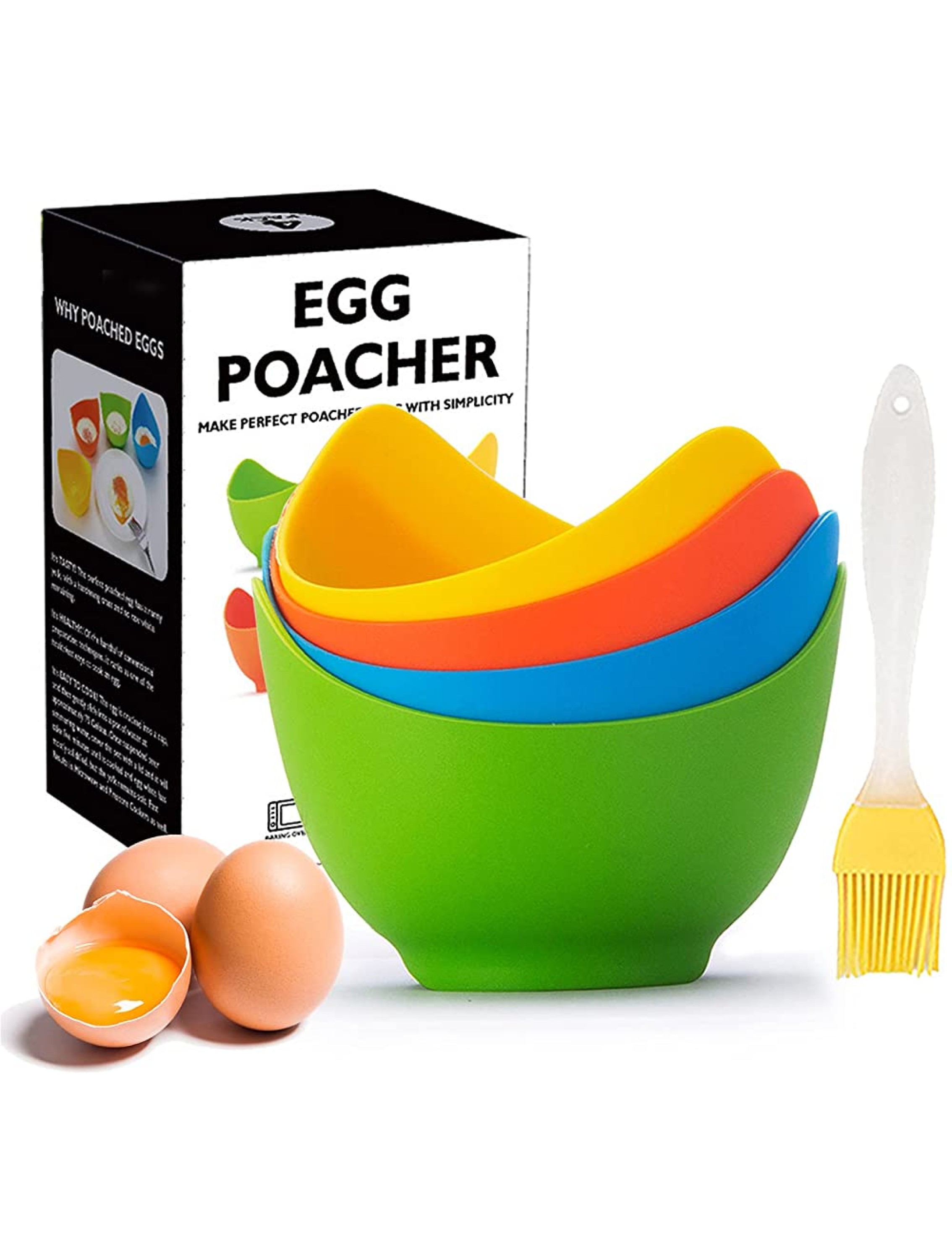 Egg Poacher KRGMNHR Poached Egg Cooker with Ring Standers Silicone Egg Poacher Cup for Microwave or Stovetop Egg Poaching with Extra Oil Brush BPA Free 4 Pack - B7HKHPRLP