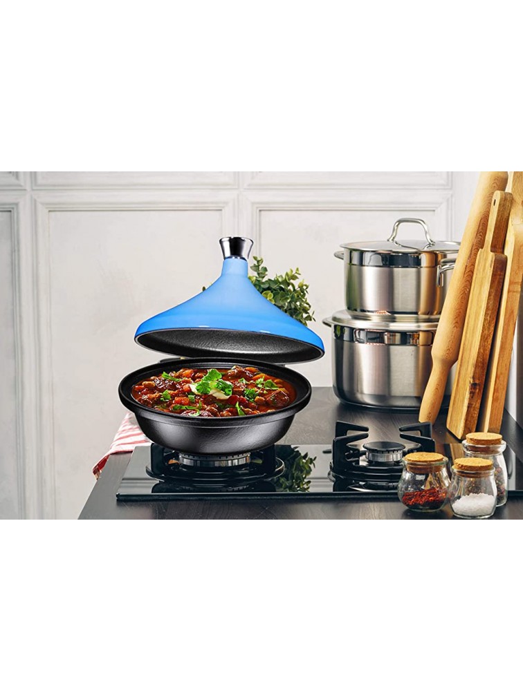 Bruntmor Blue Cast Iron Moroccan Tagine 4-Quart Cooking Pot with Silver knob Enameled Base and Cone-Shaped Ceramic Lid Good for Baking and Frying Oven and Dishwasher safe - B1JAXAU1T