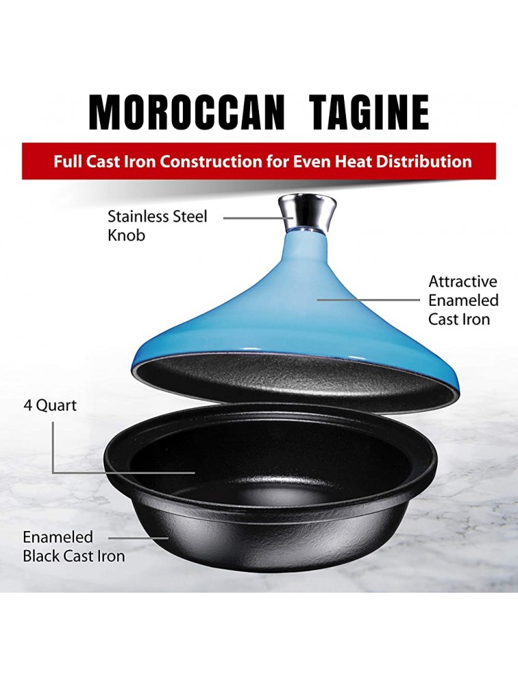 Bruntmor Blue Cast Iron Moroccan Tagine 4-Quart Cooking Pot with Silver knob Enameled Base & Cone-Shaped Ceramic Lid & Pre Seasoned Bruntmor Cast Iron Dutch Oven Casserole Dish 6.5 Large Loop Handles - B35DL3RKF
