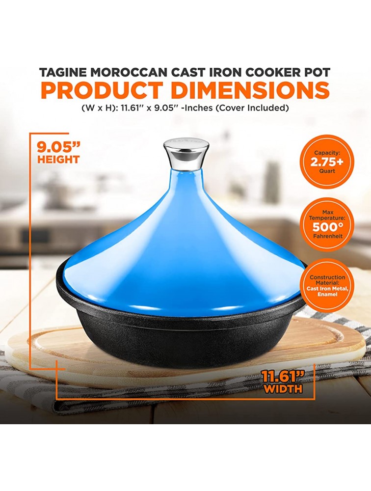 NutriChef Cast Iron Moroccan Tagine 2.75 Quart Tajine Cooking Pot with Stainless Steel Knob Enameled Base Cone-Shaped Enameled Lid Oven and Dishwasher safe Good for Baking and Frying ​Blue - BCJQV1WGB