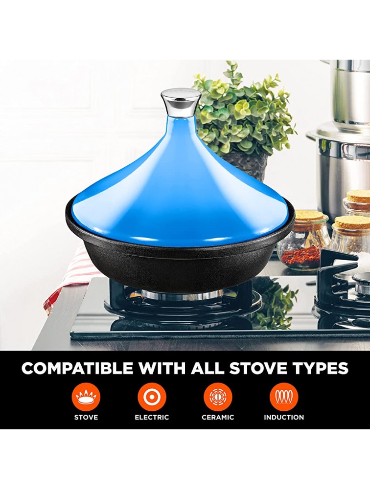 NutriChef Cast Iron Moroccan Tagine 2.75 Quart Tajine Cooking Pot with Stainless Steel Knob Enameled Base Cone-Shaped Enameled Lid Oven and Dishwasher safe Good for Baking and Frying ​Blue - BCJQV1WGB