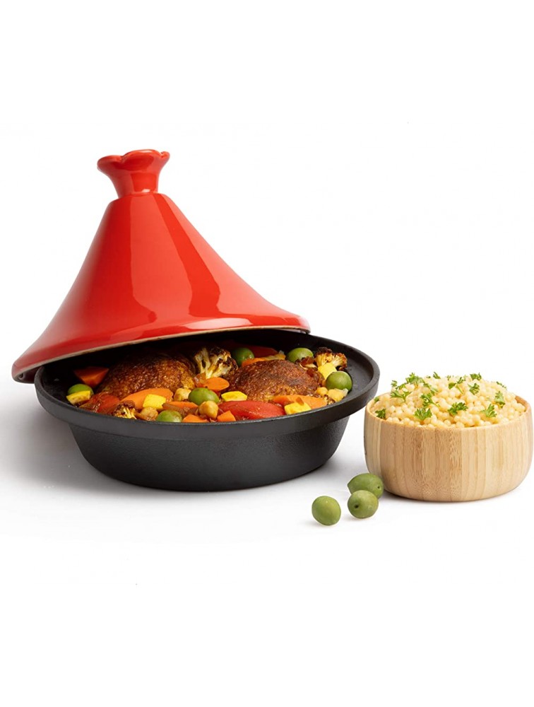 Tagine Moroccan Cast Iron 4 qt Cooker Pot- Caribbean One-Pot Tajine Cooking with Enameled Ceramic Lid- 500 F Oven Safe Dish - BRS2BWHB8