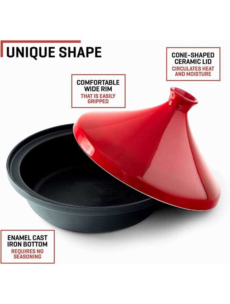 Uno Casa Tagine Pot 3.65-Quart Moroccan Tajine with Enameled Cast Iron Base and Ceramic Cone-Shaped Lid High-Quality Cookware- Red Double Oven Mitts Included - BHQD8HGTD