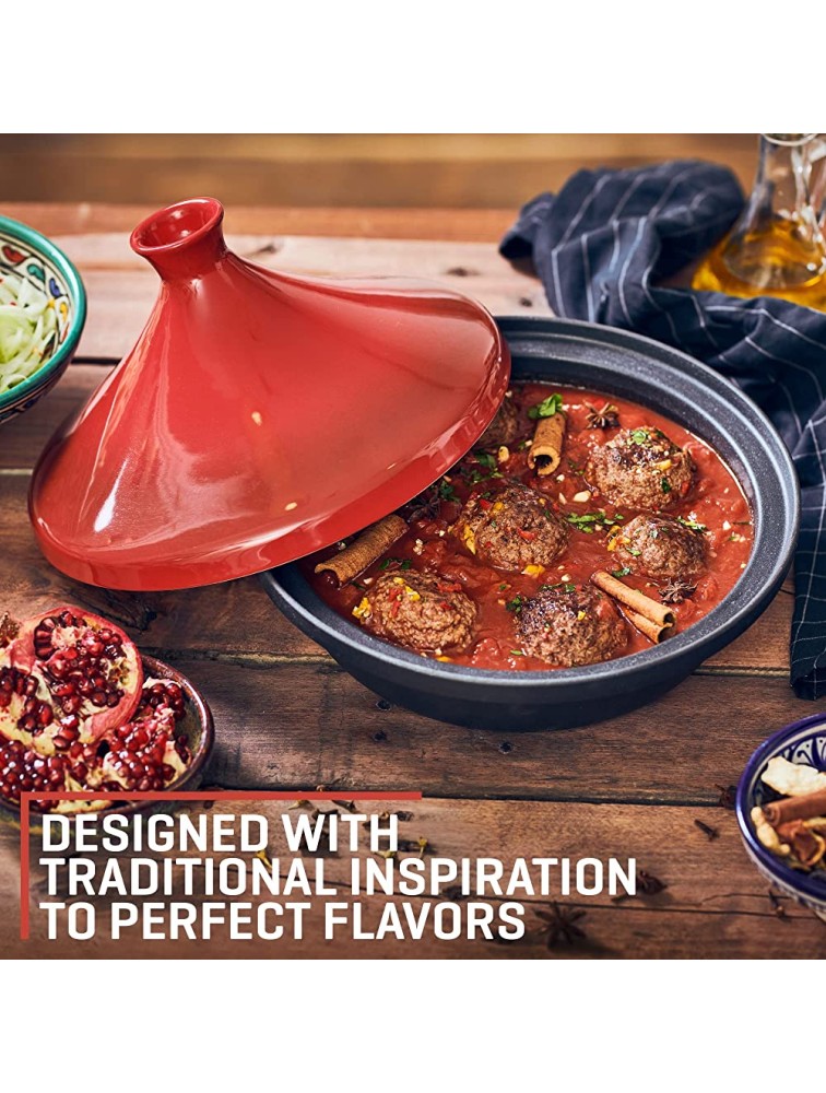 Uno Casa Tagine Pot 3.65-Quart Moroccan Tajine with Enameled Cast Iron Base and Ceramic Cone-Shaped Lid High-Quality Cookware- Red Double Oven Mitts Included - BHQD8HGTD