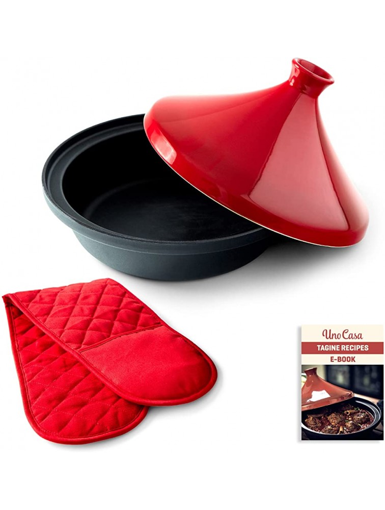 Uno Casa Tagine Pot 3.65-Quart Moroccan Tajine with Enameled Cast Iron Base and Ceramic Cone-Shaped Lid High-Quality Cookware- Red Double Oven Mitts Included - B5KPFKY1J