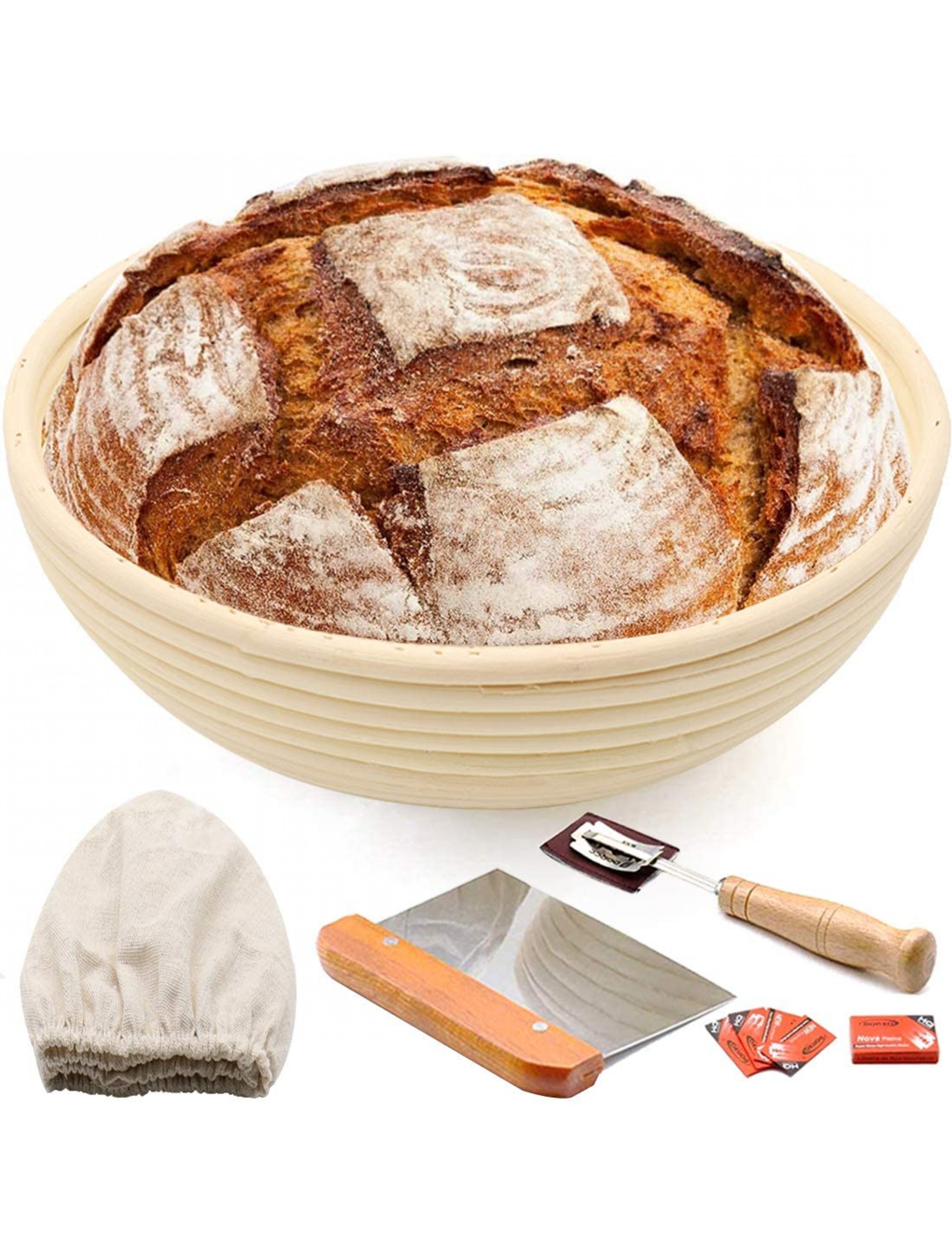 10 Round Bread Banneton Proofing Basket for Sourdough Rising Dough Baking Bowl Kit Gifts for Artisan Bread Making Starter Includes Linen Liner Metal Dough Scraper Scoring Lame & Case 5 Blades - B6PMKLZFX