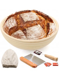 10" Round Bread Banneton Proofing Basket for Sourdough Rising Dough Baking Bowl Kit Gifts for Artisan Bread Making Starter Includes Linen Liner Metal Dough Scraper Scoring Lame & Case 5 Blades - B6PMKLZFX