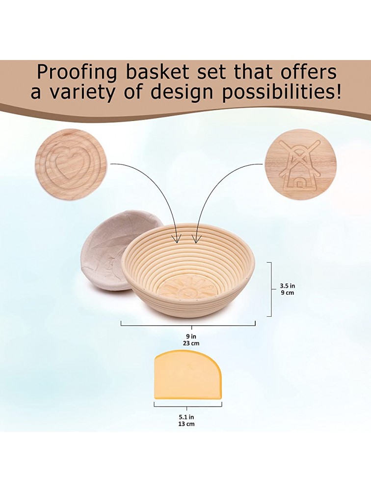 9 in Bread Proofing Basket Set Make Sourdough Bread with our Banneton Basket and Removable Design Inserts Dough Scraper & Cloth Liner Gift for Bakers by Artizanka Basket+Patterns - BVI4O93XU