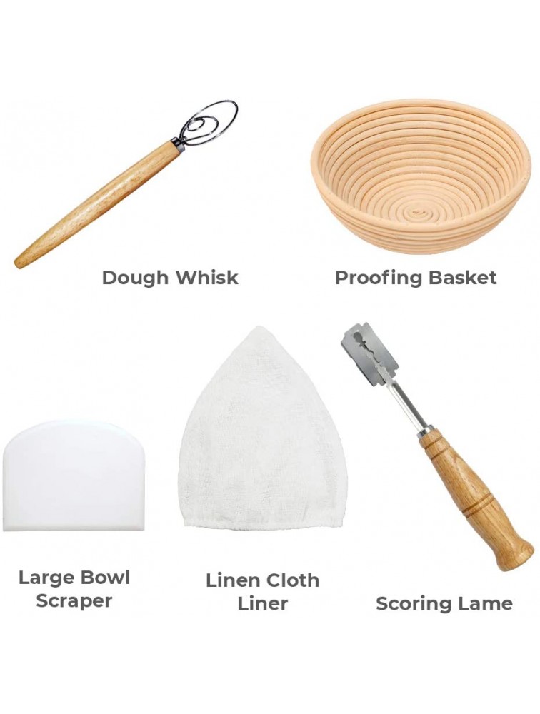 9 inch Banneton Bread Proofing Kit : Sourdough Bread Maker Danish dough Whisk Large Wicker Basket + Bread Scorer Lame + Dough Scraper Tool + Linen Liner Cloth + Banneton Proofing Basket - BS15HP3ZK