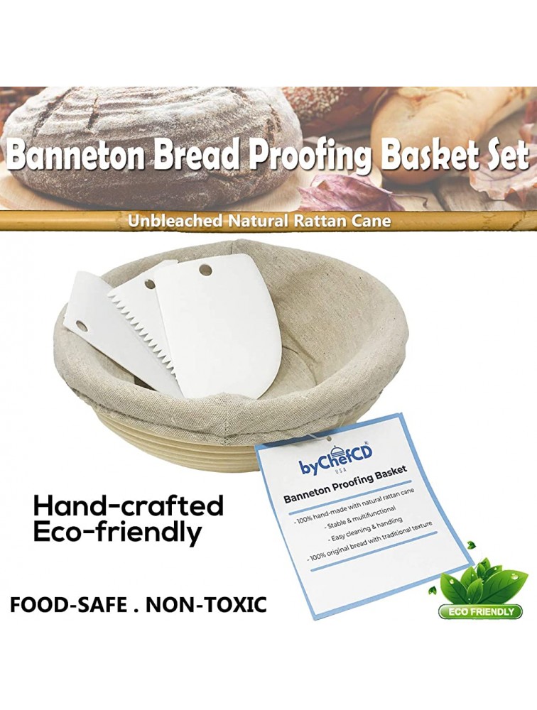 9 Inch Round Bread Basket Proofing Set- Banneton Bread Proofing Basket + Cloth Liner + Bowl Scraper + Smoother. For Home Bakers and Professionals- Great for Sourdough Starter ByChefCD - BOI8L6IN2
