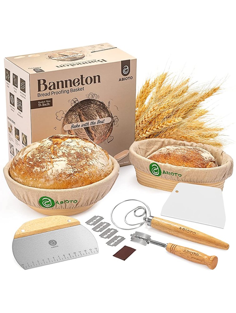 Banneton Bread Proofing Basket Set of 2 with Sourdough Bread Baking Supplies A Complete Bread Making Kit Including 9" Proofing Baskets Danish Whisk Bowl Scraper Dough Scraper & Bread Lame - BOMVPX3CB