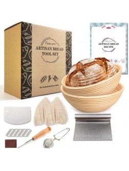 LDG Two 9 Inch Round Bread Proofing Basket 9pcs Set with Making tools and Supplies Includes Mesh Sifter Baking Wicker Bowl Cloth Liner Stainless Steel Scraper Lame and Recipe Manual 9pcs Rattan Banneton  - B4EPPQXLN