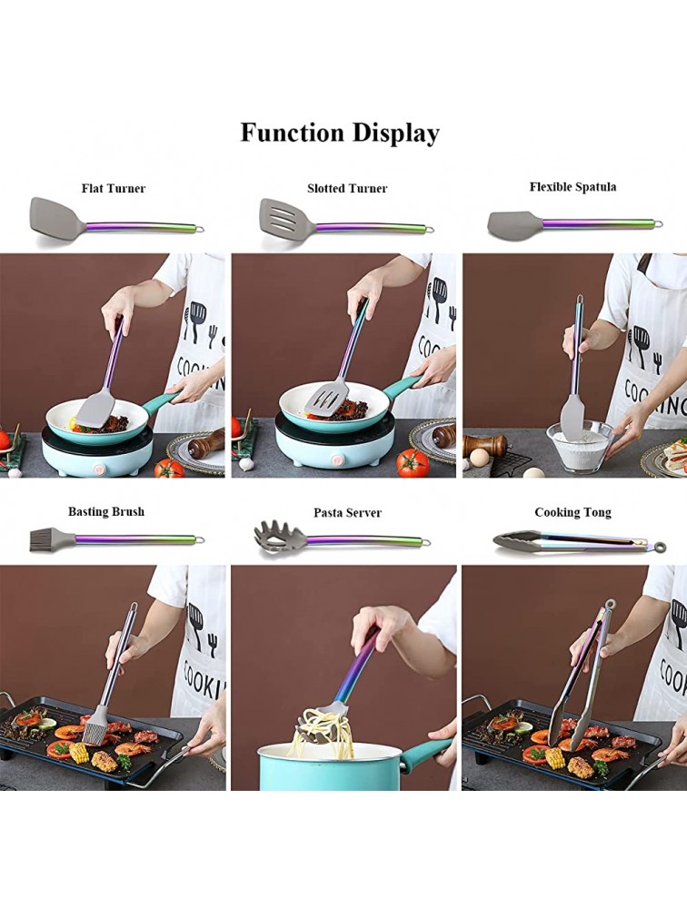 38 Piece Silicone kitchen Cooking Utensils Set with Utensil Crocks Silicone Head and Stainless Steel Handle Cookware Kitchen Tools Non-Stick kitchen Gadgets Dishwasher Safe Rainbow - BDG2N4EWB