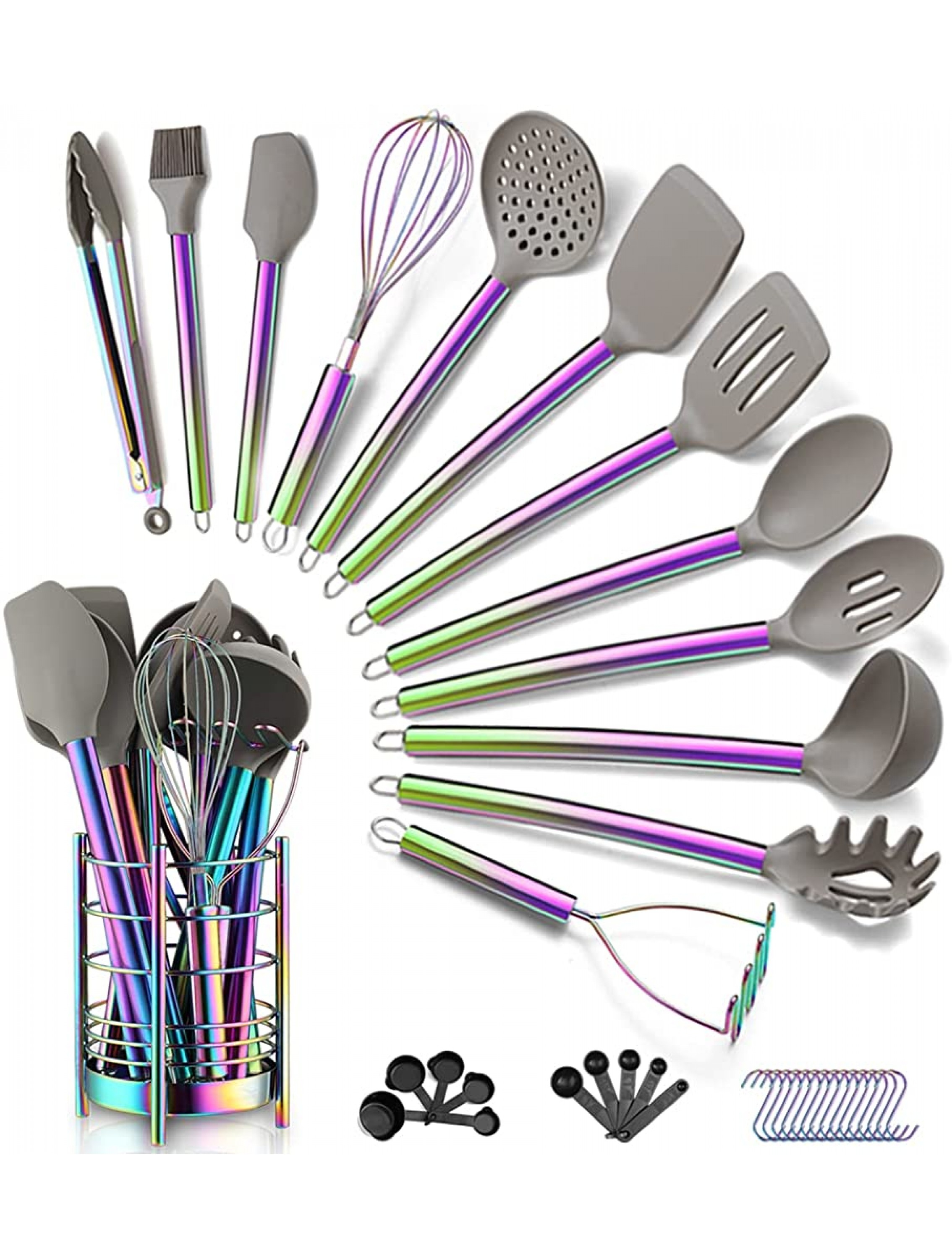 38 Piece Silicone kitchen Cooking Utensils Set with Utensil Crocks Silicone Head and Stainless Steel Handle Cookware Kitchen Tools Non-Stick kitchen Gadgets Dishwasher Safe Rainbow - BDG2N4EWB