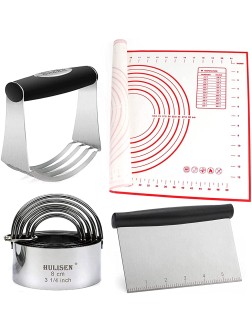 HULISEN Stainless Steel Pastry Scraper Dough Blender Silicone Mat and Biscuit Cutter Set 4 Pieces  Set Heavy Duty & Durable with Ergonomic Rubber Grip Professional Pastry Cutter for Baking - BSCXKQ5IH