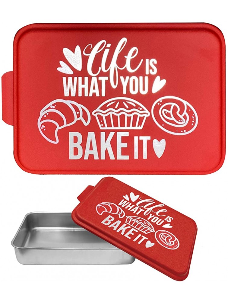 Aluminum Cake Pan with Red Lid 9 x 13 inches Laser Engraved Lid "Life is What You Bake It" - B5HEY5SZH