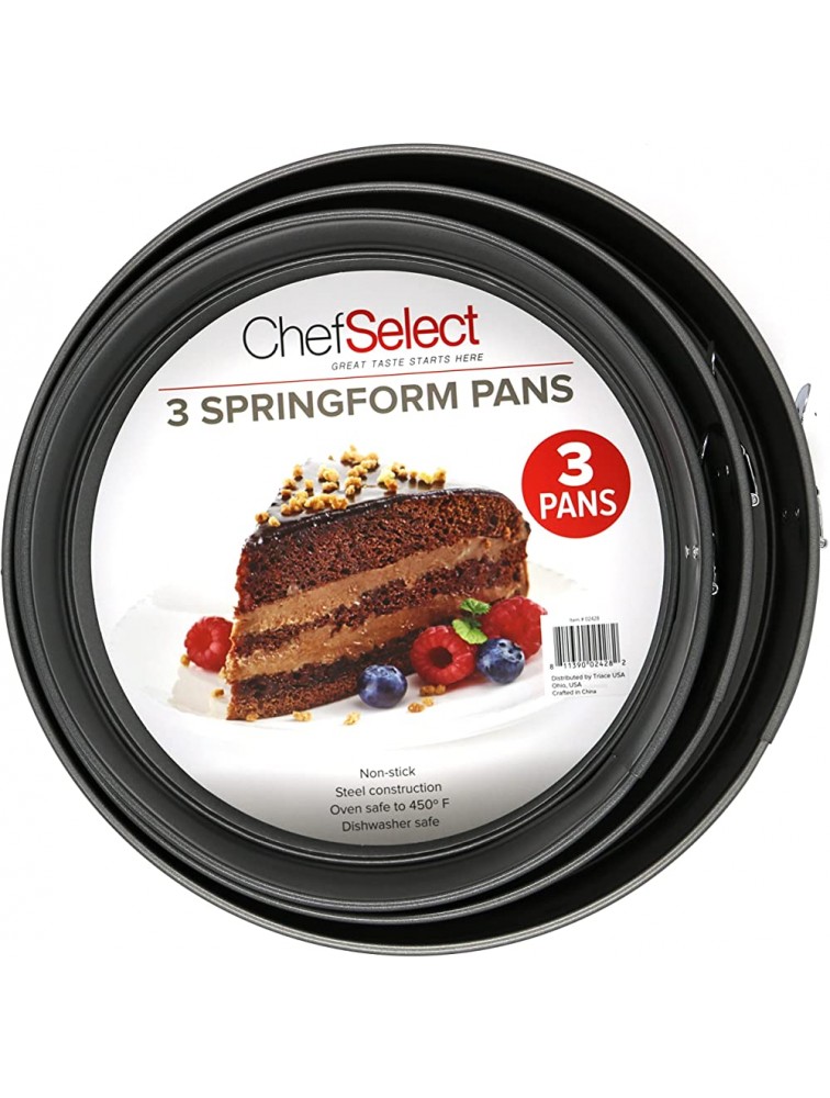 Chef Select Springform Pan Set of 3 9 9.5 & 10.5-Inch Easy Release Latch Steel Non-Stick Deep Dish Pizza Lasagna Dishes - BVWP1U2W4