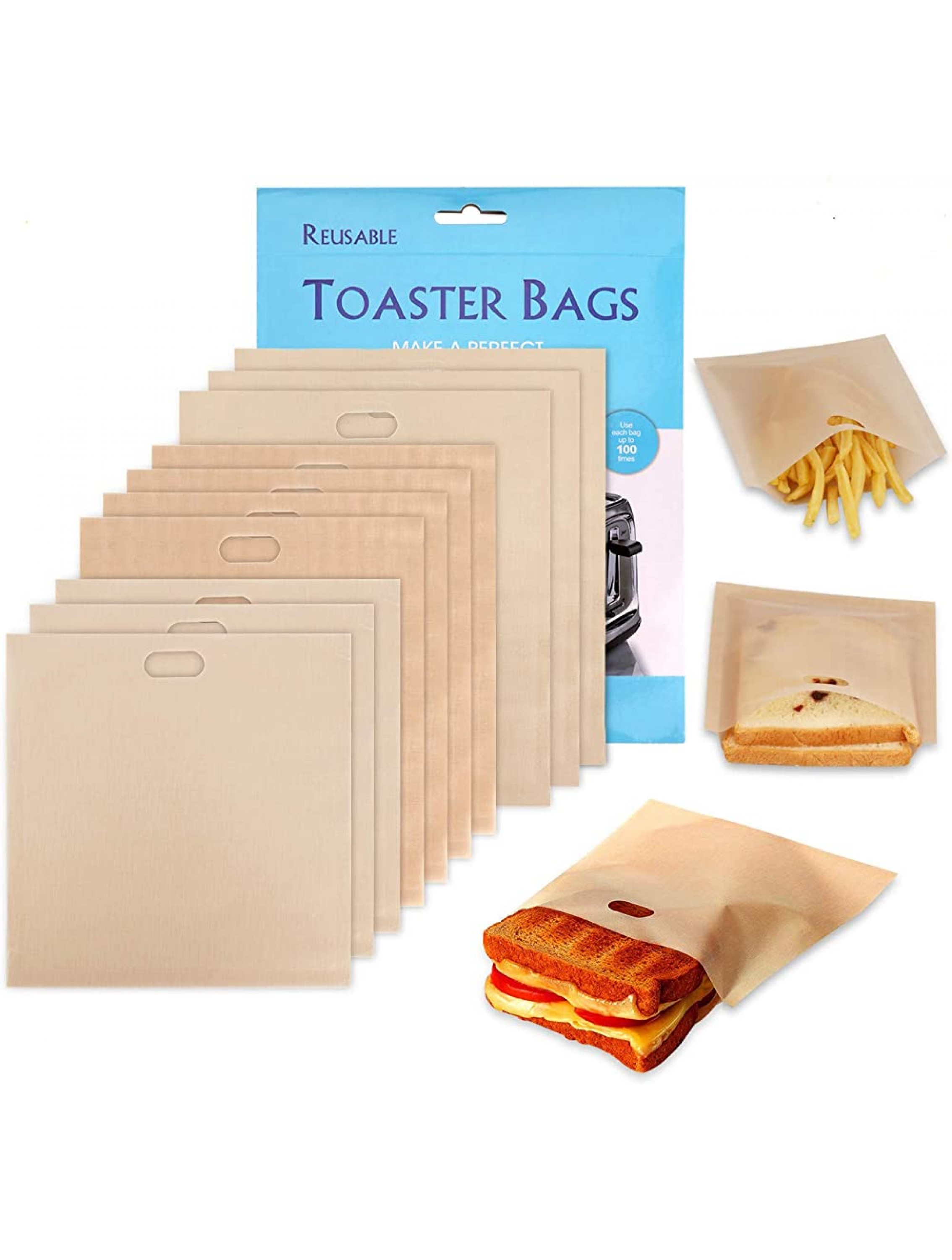 10 Pack Non-Stick Toaster Bags Reusable grilled cheese bags Toaster Bags for Sandwiches Chicken Nuggets Panini and Garlic Toasts - BK292CRF0