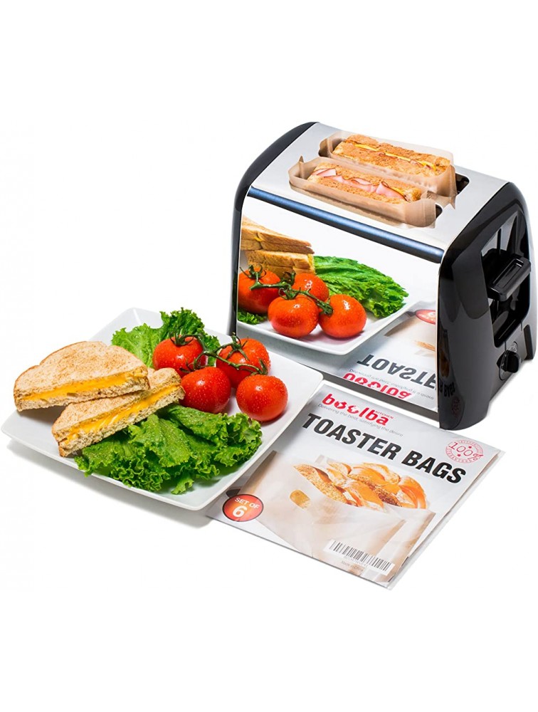 Toaster Bags Set of 6 by Boolba 100% Non Stick and Reusable Easy To Clean Perfect For Sandwiches Hot Dogs Chicken Fish Vegetables Panini & Garlic Toast - BZAIWTW41