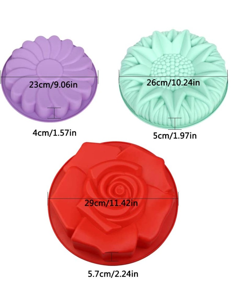 3 Pack Large Silicone Baking Molds,DanziX Rose Sunflower Whirlwind Shape Non-Stick Baking Trays for Birthday Party Cake Bread DIY-Red,Green,Purple - BZHQ6VRMY