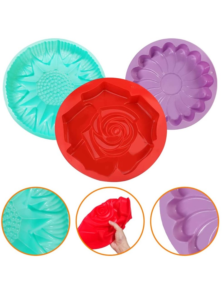 3 Pack Large Silicone Baking Molds,DanziX Rose Sunflower Whirlwind Shape Non-Stick Baking Trays for Birthday Party Cake Bread DIY-Red,Green,Purple - BZHQ6VRMY
