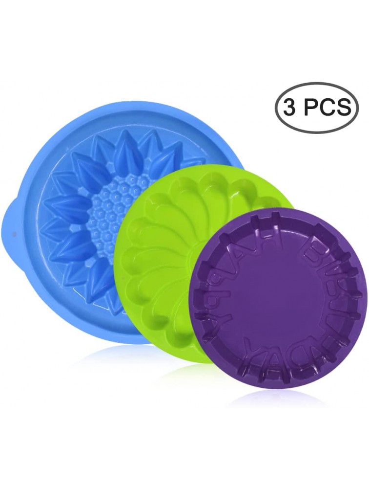 3 Pack Silicone Cake Mold Pan SENHAI Large Round Bread Pie Flan Tart Mold Whirlwind Pattern Sunflower Happy Birthday Letters Shape Non-Stick Baking Trays for Birthday Party DIY Green Blue Purple - B6FB18N19