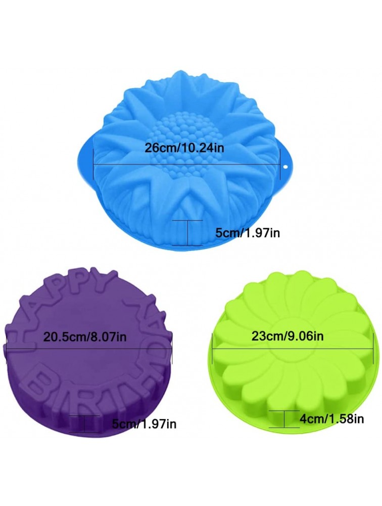 3 Pack Silicone Cake Mold Pan SENHAI Large Round Bread Pie Flan Tart Mold Whirlwind Pattern Sunflower Happy Birthday Letters Shape Non-Stick Baking Trays for Birthday Party DIY Green Blue Purple - B6FB18N19