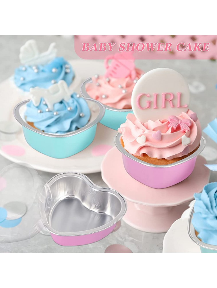 Aluminum Foil Cake Pan Heart Shaped Cupcake Cup with Lids 100 ml 3.4 Ounces Disposable Mini Cupcake Cup Flan Baking Cups for Valentine Mother's Day Wedding Xmas Birthday Pink Light Blue,40 Sets - BVK7U0DK3