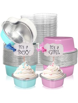 Aluminum Foil Cake Pan Heart Shaped Cupcake Cup with Lids 100 ml  3.4 Ounces Disposable Mini Cupcake Cup Flan Baking Cups for Valentine Mother's Day Wedding Xmas Birthday Pink Light Blue,40 Sets - BVK7U0DK3