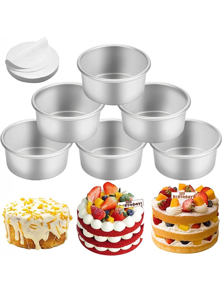 6 Pack 4 inch Cake Pan RUCKAE Round Cake Pans with Fixed Bottom Nonstick & Leakproof Aluminum Cake Pans Set for Baking Birthday Wedding Tier Cake Included 50pcs Parchment Paper - B8SUN10GB