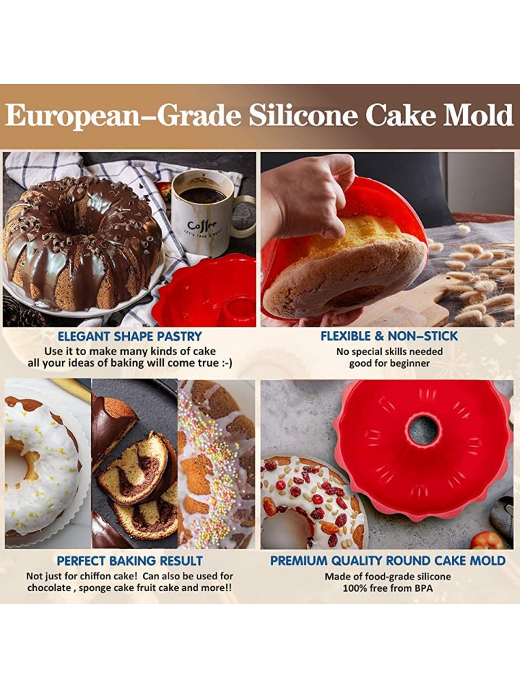 European Grade Top-Level Silicone Cake Mold Aokinle Non Stick 9 inch Fluted Tube Cake Pan for Jello,Gelatin Silicone Baking Molds for Cakes Round Baking Pan BPA Free Bakeware - BJQ4S4PXT