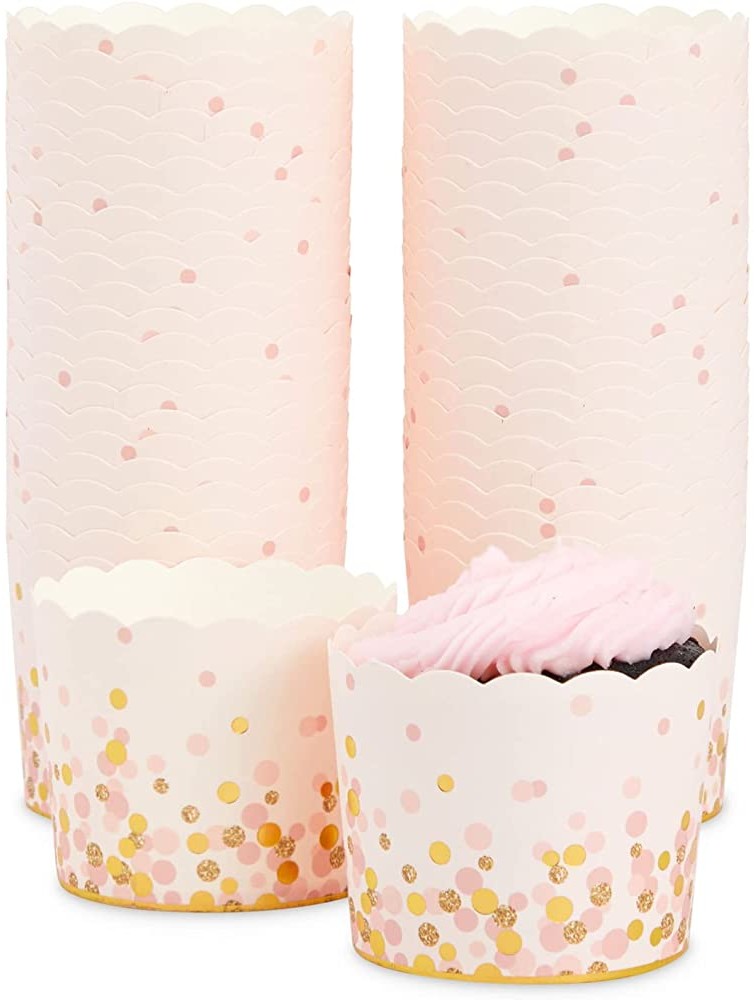 50 Pack Pink and Gold Polka Dot Cupcake Liners Wrappers Muffin Paper Baking Cup for Wedding & Birthday - BWRTPHXGS