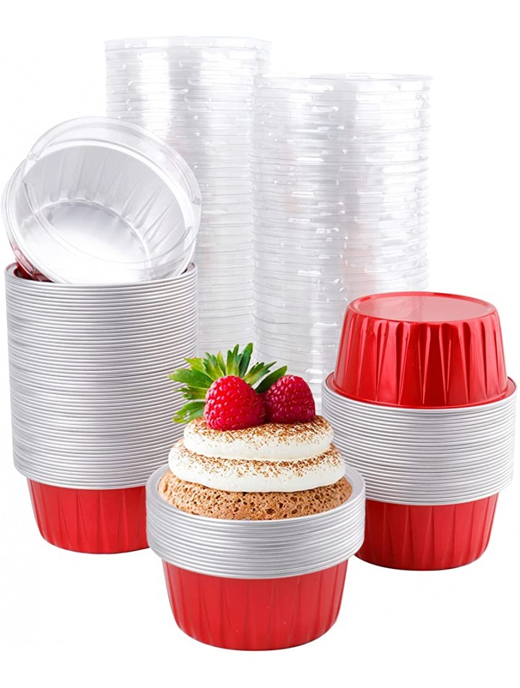 DEAYOU 100 Pack Aluminum Foil Ramekins with Lids 5oz Muffin Cupcake Baking Liners Cups 3 Round Disposable Recyclable Tart Pie Tin Pan Holder for Pudding Party Wedding Oven Freezer Safe Red - B1SZMRQKJ