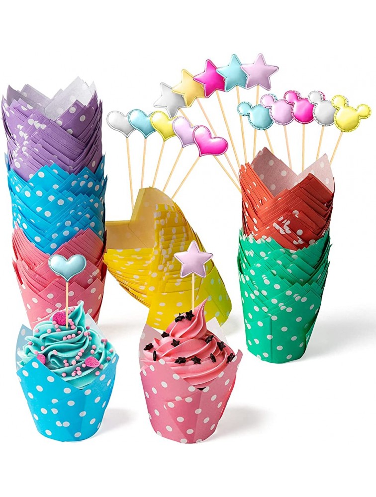 R HORSE 255Pcs Tulip Cupcake Liners Set Muffin Baking Cups Dot Style Cupcake Wrappers for Dessert with Cupcakes Toppers Rustic Cupcake Baking Liner Holders for Kitchen Cooking Baking - B32UUOZ0Z