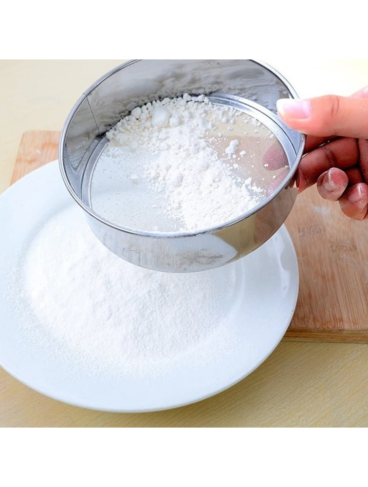 Flour Sieve Stainless Steel Fine Mesh Strainer Sifting Pan Food Tea Sugar Flour Strainer for Kitchen Cake Baking Silver - BHNJ593RX