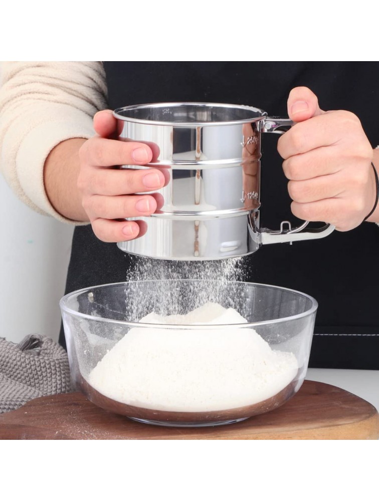 QIBOORUN Stainless Steel Sieve Cup Powder Flour Baking Tool Icing Sugar Mesh Sieve Colander Crank Sifter With Measuring Scale Baking Flour Sifter 1-Cup Capacity -Sliver - B28LHXD21