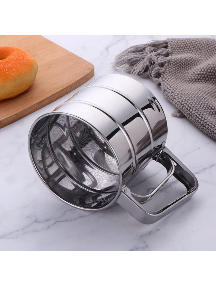 QIBOORUN Stainless Steel Sieve Cup Powder Flour Baking Tool Icing Sugar Mesh Sieve Colander Crank Sifter With Measuring Scale Baking Flour Sifter 1-Cup Capacity -Sliver - B28LHXD21