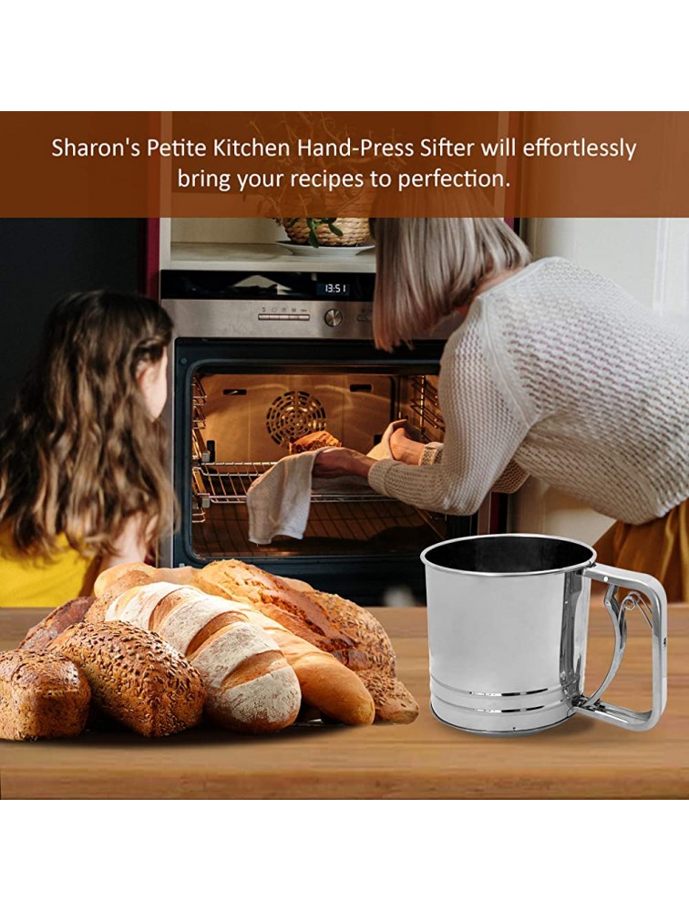 Sharon's Petite Kitchen 4 Cup Semi-Automatic Hand Press Sifter for all Bakers Stainless Steel Strong Structural Design Double Mesh Sieve for fine Sifting of Baking Flour and Powders - BW58ZQ9QR