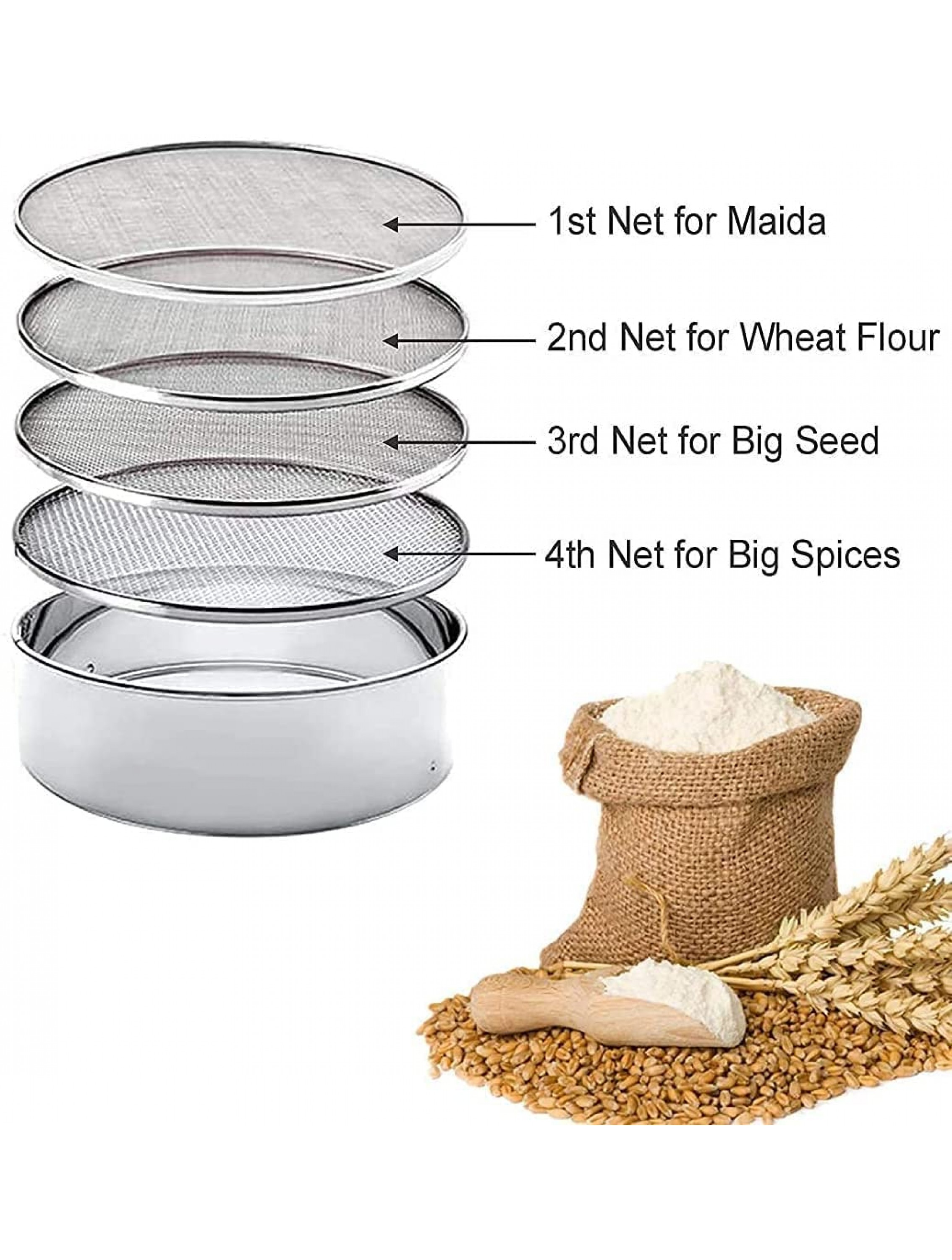 Vaishnavi Creations 4 In 1 Stainless Steel Interchangeable Sieve Set of 5 Flour Spices Food Strainers Atta Chalni Jaali Channi Atta Maida Strainer Silver Length 8 Inch Width Height 2.5 Inch - BRXWL0Q1F