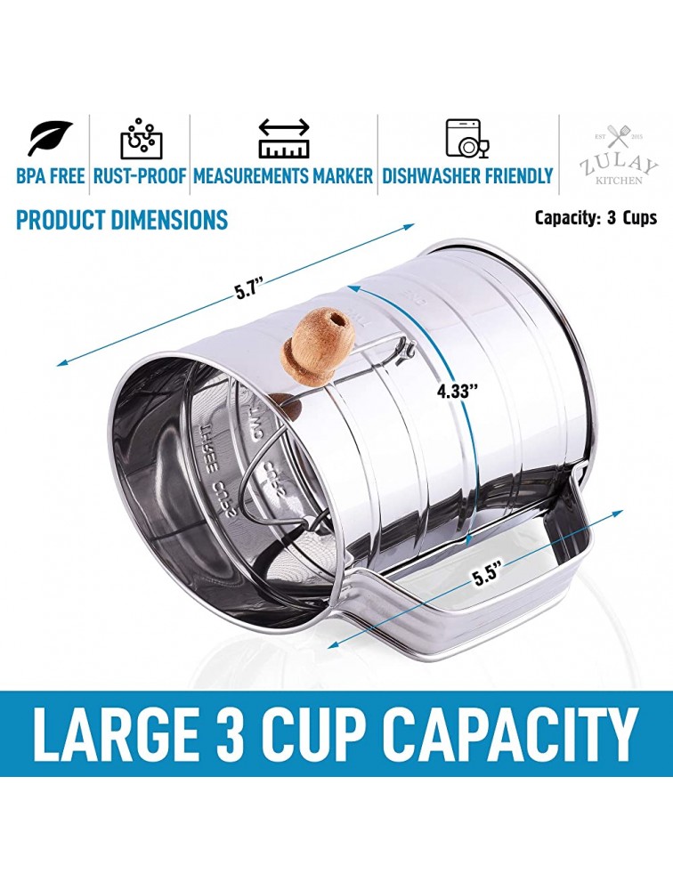 Zulay 3 Cup Stainless Steel Flour Sifter Fine Mesh Rotary Hand Crank Flour Sifter with Agitator Wire Loop For Baking Cakes Pastries Pies Cupcakes and Desserts - BG1A7R07F