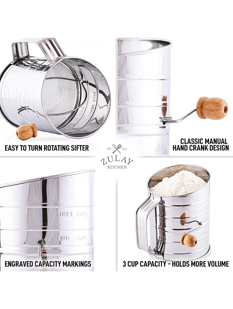 Zulay 3 Cup Stainless Steel Flour Sifter Fine Mesh Rotary Hand Crank Flour Sifter with Agitator Wire Loop For Baking Cakes Pastries Pies Cupcakes and Desserts - BG1A7R07F