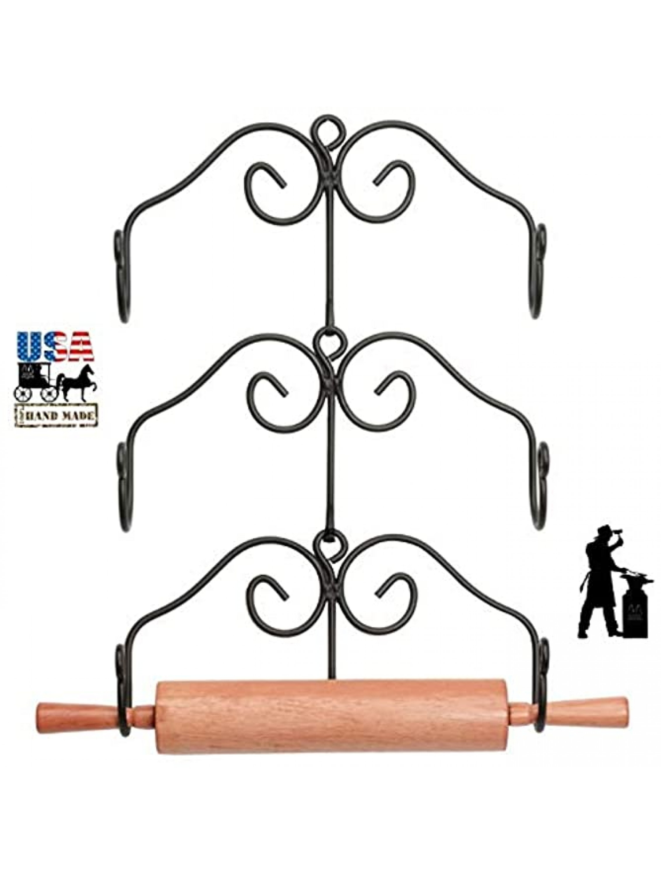 3 ROLLING PIN RACK SET Three Hand Forged Heavy Duty Wrought Iron Racks Amish Blacksmith Handcrafted & Made in the USA - BKIK70279