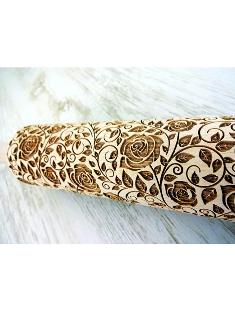 DAMASCUS ROSES WOODEN EMBOSSING ROLLING PIN LASER ENGRAVED DOUGH ROLLER with ROSES WREATH PATTERN GIFT for BIRTHDAY MOTHER'S DAY - BYVXFKE1V