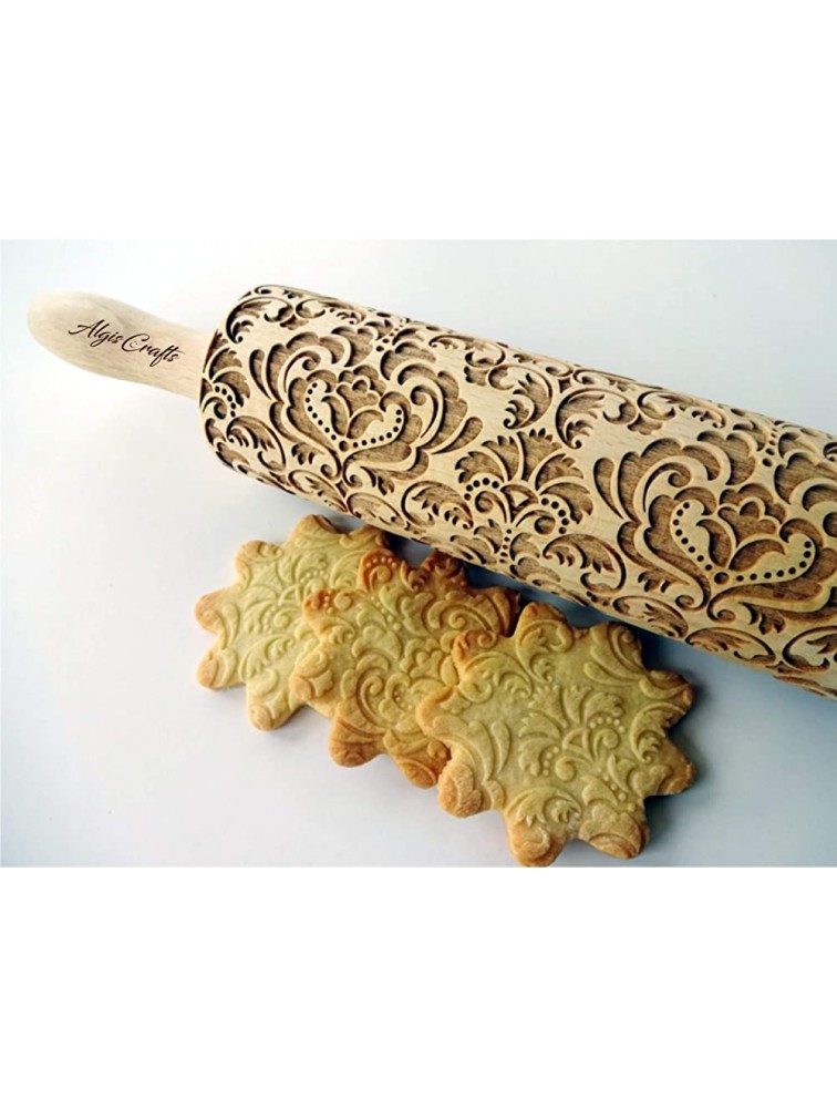 DAMASK embossing rolling pin. Wooden embossing rolling pin with flowers. Oriental flowers. Embossed cookies with flowers. Damask pattern. From Europe - B2RZA6VXY
