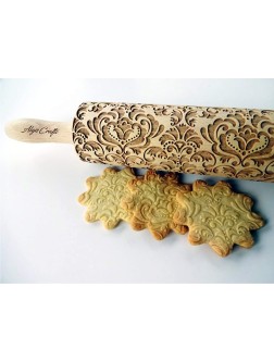 DAMASK embossing rolling pin. Wooden embossing rolling pin with flowers. Oriental flowers. Embossed cookies with flowers. Damask pattern. From Europe - B2RZA6VXY