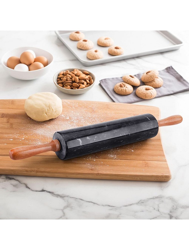 Flexzion Black Marble Rolling Pin 10-inch with Wooden Handle and Holder Base Stand Marble Rolling Pin for Baking Pastry Pizza Dough Roller Fondant Cookie Pie Crust Pasta Bakery Roller Pin - BWOK0KWHU