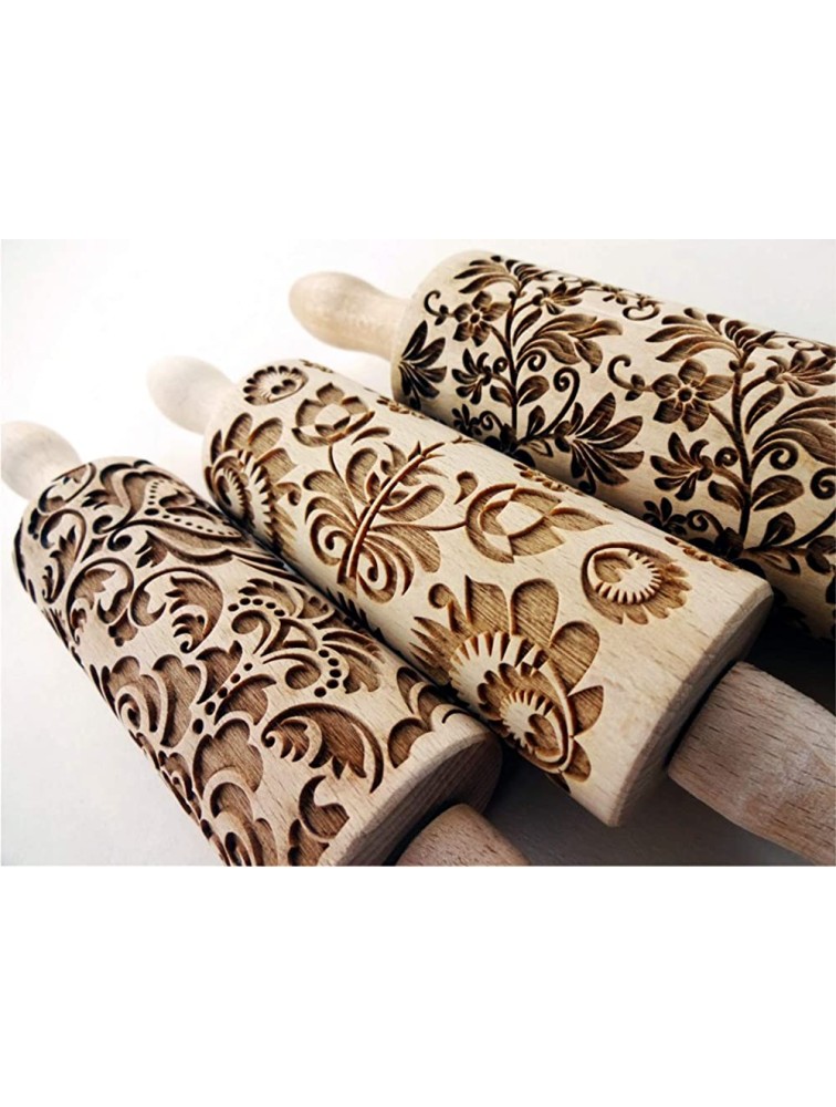 FLOWERS 3 mini ROLLING PIN SET WOODEN LASER CUT small ROLLING PINS for EMBOSSED COOKIES PLAY DOUGH DAMASK FOLK FLORAL WREATH GIFT - BE2070EEE